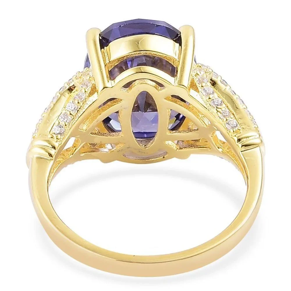 ELANZA Simulated Blue and White Diamond 14K YG Over Sterling Silver Ring Size 9